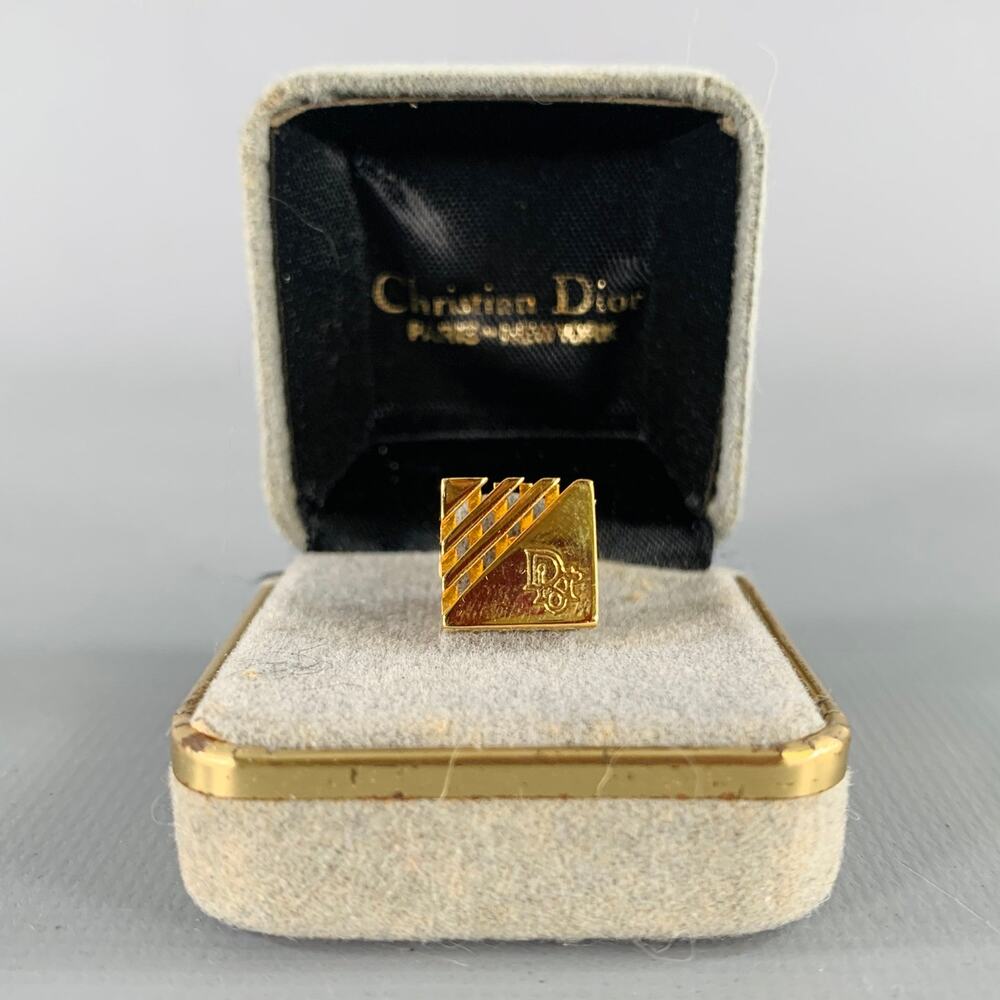 CHRISTIAN DIOR Gold Metal Engraved Monogram Brooch Pin